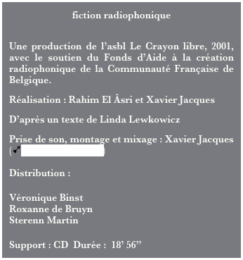 fiction radiophonique

Une production de l’asbl Le Crayon libre, 2001, avec le soutien du Fonds d’Aide à la création radiophonique de la Communauté Française de Belgique.
Réalisation : Rahim El Âsri et Xavier Jacques
D’après un texte de Linda Lewkowicz
Prise de son, montage et mixage : Xavier Jacques (ùstudio Blue Room)

Distribution :

Véronique Binst
Roxanne de Bruyn
Sterenn Martin

Support : CD  Durée :  18’ 56”