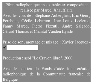 Pièce radiophonique en six tableaux composée et réalisée par Marcel Xhaufflaire
Avec les voix de : Stéphane Auberghen, Eric Georg Eerebout, Cécile Leburton, Jean-Louis Leclercq, Fanny Marcq, Pietro Pizzuti, André Salgado, Gérard Thomas et Chantal Vanden Eynde	

Prise de son, montage et mixage : Xavier Jacques -  ùStudio Blue Room

Production : asbl "Le Crayon libre", 2000

Avec le soutien du Fonds d'aide à la création radiophonique de la Communauté française de Belgique