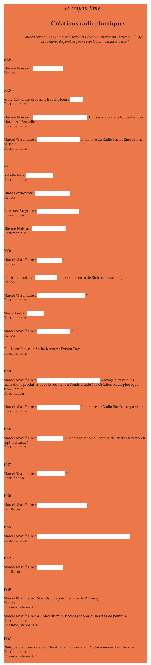                                        le crayon libre

                              Créations radiophoniques

                  Pour en savoir plus sur une réalisation et l’écouter : cliquer sur le titre ou l’image.
                     Les oeuvres disponibles pour l’écoute sont marquées d’une *

                            

2006

Etienne Noiseau : Le son de l’amour.
Fiction



2005

Anne-Catherine Kroonen/Isabelle Neu : La Strée.
Documentaire


Etienne Noiseau : Entre indifférence et intervention. Un reportage dans la quartier des Marolles à Bruxelles
Documentaire


Marcel Xhaufflaire : Comme un avion sans aile. L’histoire de Radio Panik. 2me et 3me partie. *
Documentaire



2001

Isabelle Neu : Tendres oreilles.
Documentaire


Linda Lewkowicz : Posséder-déposséder.
Fiction


Laurence Brogniez : Bruxelles, zones sensibles.
Docu-fiction


Etienne Noiseau, Portait de mon oncle.
Documentaire



2000

Marcel Xhaufflaire : Entre deux airs. *
Fiction


Stéphane Boulc’h : L’avortement (d’après le roman de Richard Brautigan)
Fiction


Marcel Xhaufflaire : Part d’ombre, part lumineuse. *
Documentaire


Marie André : Trois voix.
Documentaire


Marcel Xhaufflaire : Juge sans lendemain. *
Fiction


Guillaune Istace  et Sacha Kremer : Dream-Day
Documentaire



1999

Marcel Xhaufflaire : Les histoires sont d’amour ou de haine. Voyage à travers les réalisations produites avec le soutien du Fonds d’aide à la Création Radiophonique, 1994-1998. *
Docu-fiction


Marcel Xhaufflaire : Comme un avion sans aile. L’histoire de Radio Panik. 1re partie. *
Documentaire 



1998

Marcel Xhaufflaire : Une brise légère. Une introduction à l’oeuvre de Pierre Desvaux en sept tableaux. *
Documentaire



1997

Marcel Xhaufflaire : Visite sans guide. *
Docu-fiction



1996

Marcel Xhaufflaire : La disparition du cercle mauve.
Feuilleton



1995

Marcel Xhaufflaire : Une cité des arts dans la caserne Dailly ? Rêves et réalités.
Documentaire



1992

Marcel Xhaufflaire : Le cercle mauve.
Feuilleton



1988

Marcel Xhaufflaire : Noeuds. (d’après l’oeuvre de R. Laing)
Fiction
K7 audio, stereo, 45’

Marcel Xhaufflaire : Au pied du mur. Photos sonores d’un stage de peinture.
Documentaire
K7 audio, stereo : 120’


1987

Philippe Lievrouw-Marcel Xhaufflaire : Bonne fête ! Photos sonores d’un 1er mai.
Documentaire
K7 audio, stereo, 40’
